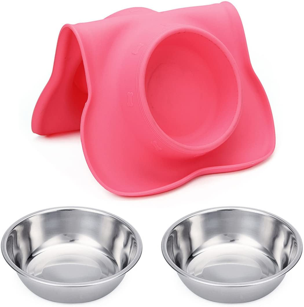 Hubulk 2 Stainless Steel Dog Bowls with Non-Skid Silicone Mat - Small, Pink, Includes Food Scoop