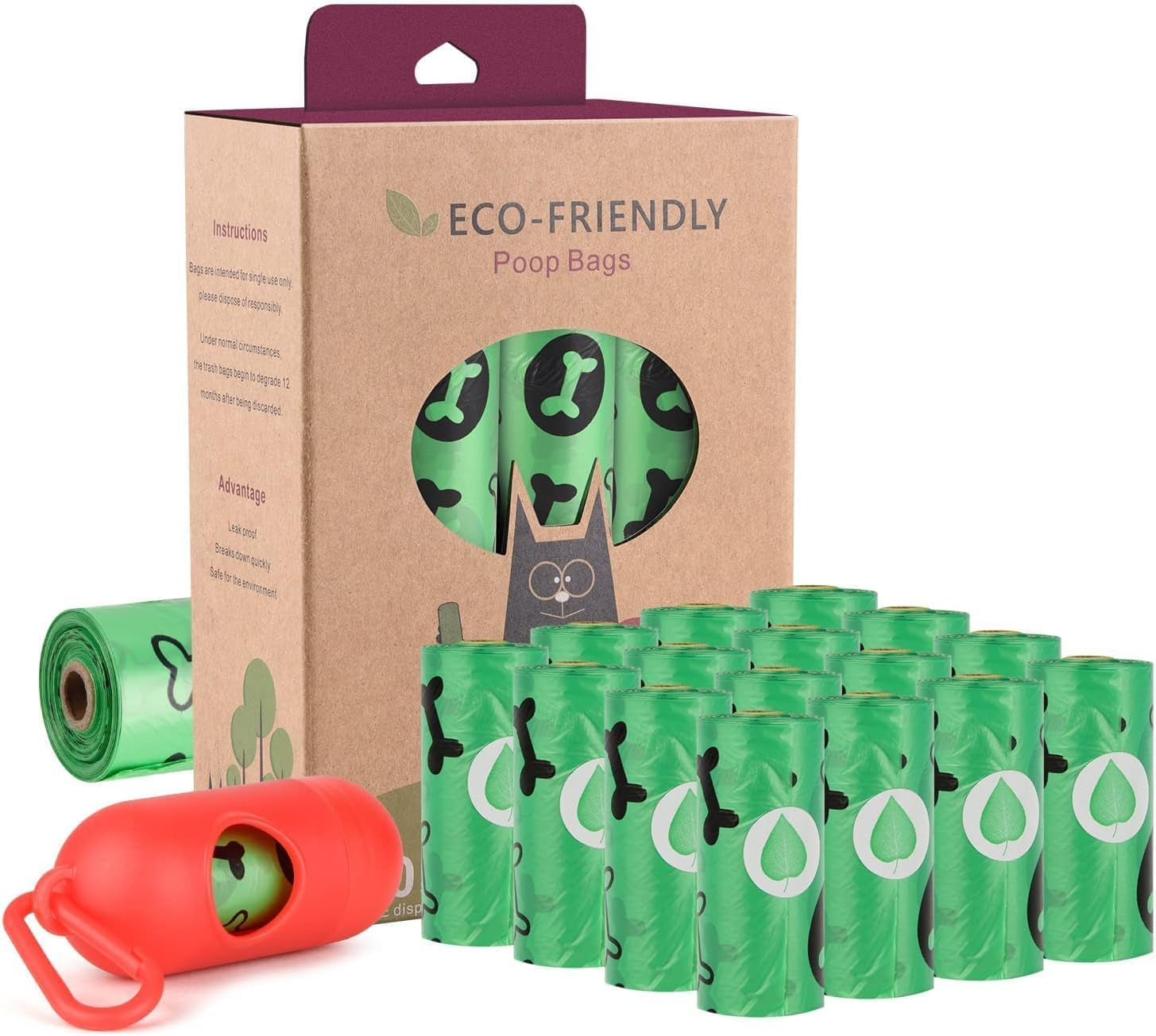 Biodegradable Dog Poop Bags with Dispenser - Corn Starch Based, Leak-Proof & Extra Thick, Eco-Friendly Waste Bags