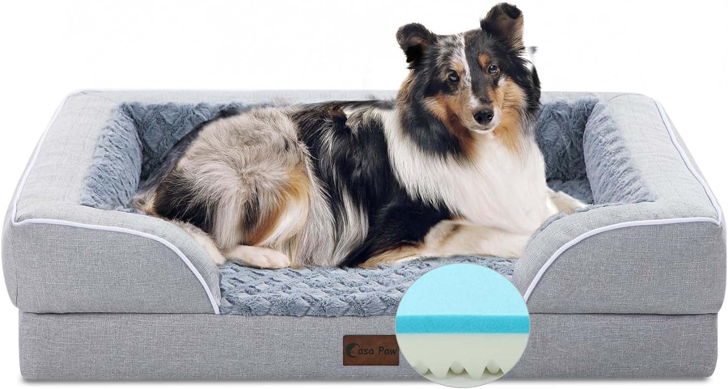 Memory Foam XL Dog Bed with Bolsters, Cooling, Waterproof, Orthopedic - Light & Dark Grey