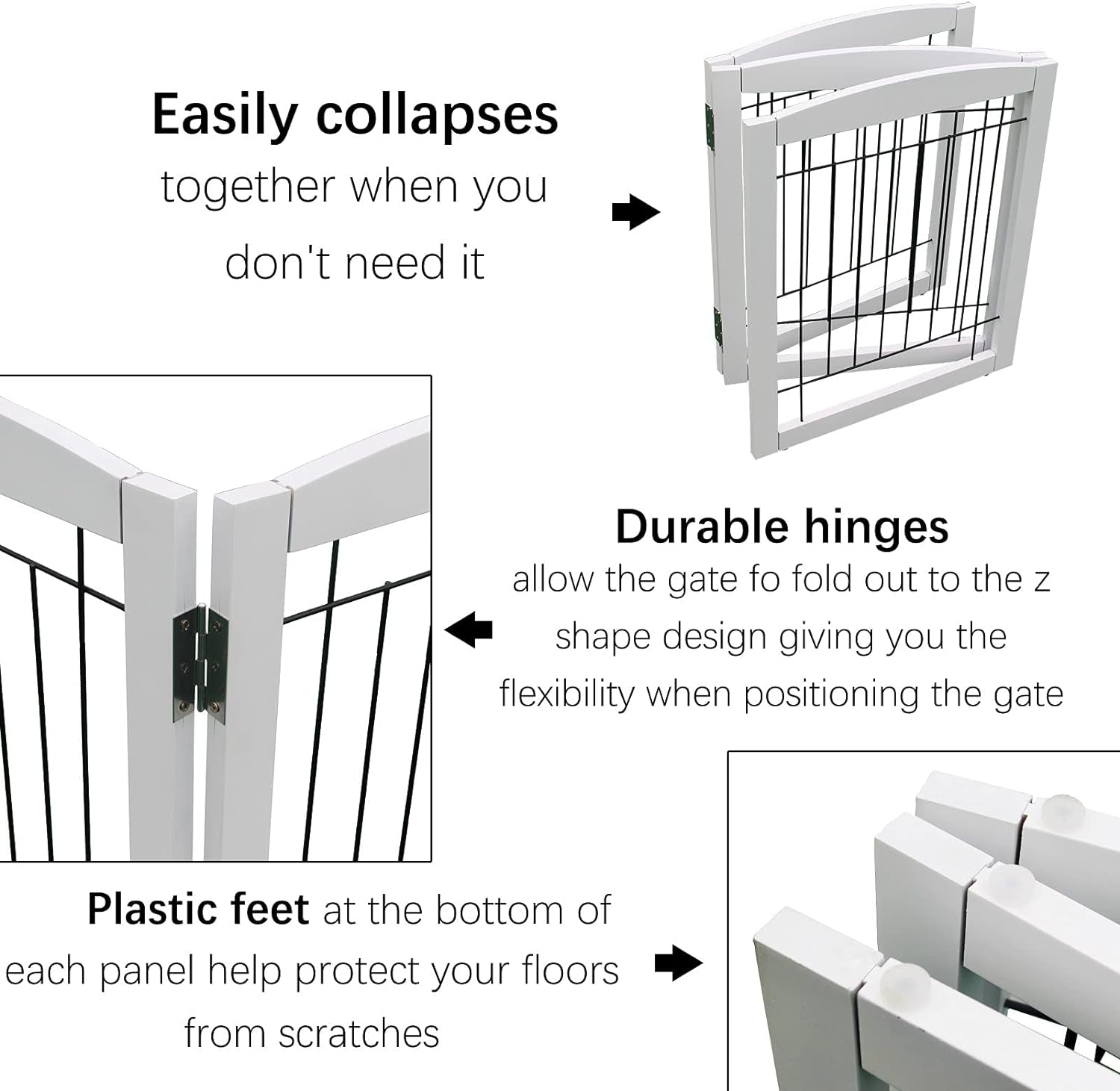 Freestanding Foldable Dog Gate - Extra Wide 3 Panel Wooden Pet Gate for Indoor Use, Tall Puppy Barrier for Doorways & Stairs