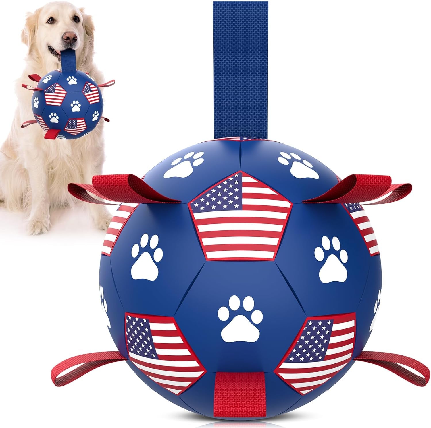 Dog Soccer Ball with Tug Straps, Interactive, Water Toy for Small & Medium Dogs - 6"