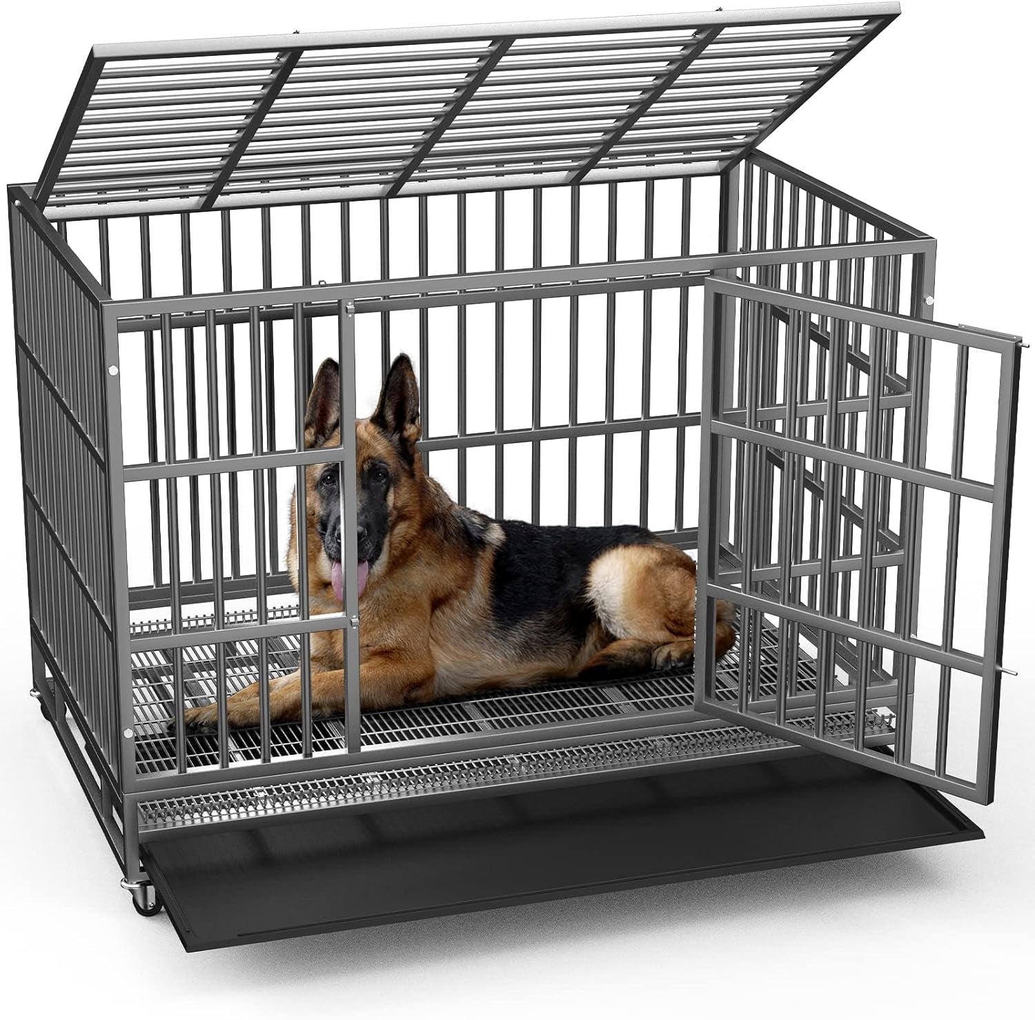 Lemberi Heavy-Duty Dog Crate – Escape-Proof, High-Anxiety Crate with Lockable Wheels, Double Doors, Removable Tray, Extra Large for Indoor Use