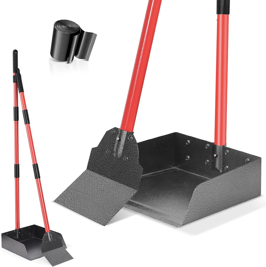 Heavy Duty Pooper Scooper Tray & Shovel Kit with Adjustable Metal Handle, Includes 10 Waste Bags