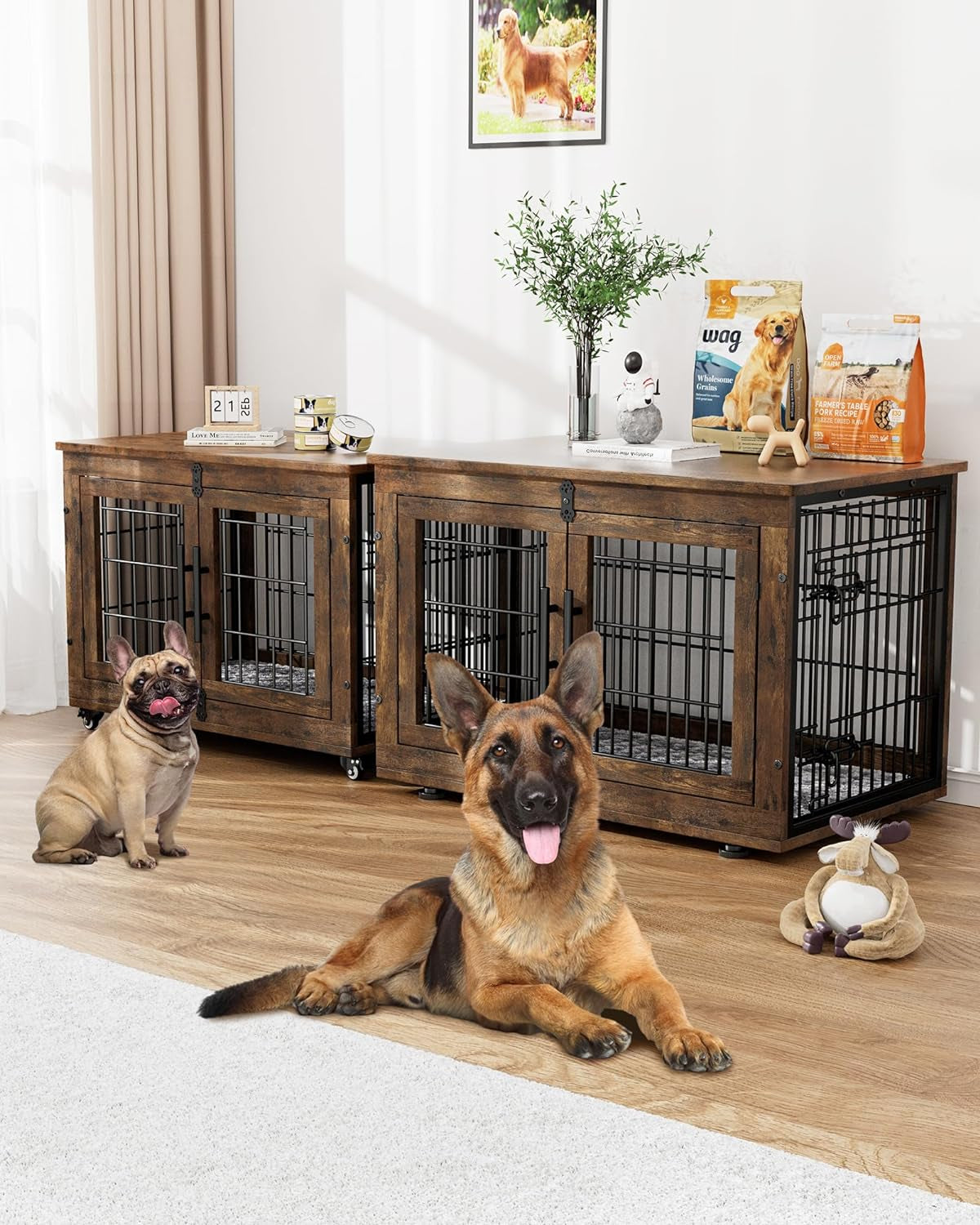 Wooden Dog Crate Furniture with Cushion – Stylish Double-Door Indoor Kennel, Wheeled Side Table for Small-Medium Dogs Up to 45 Lbs