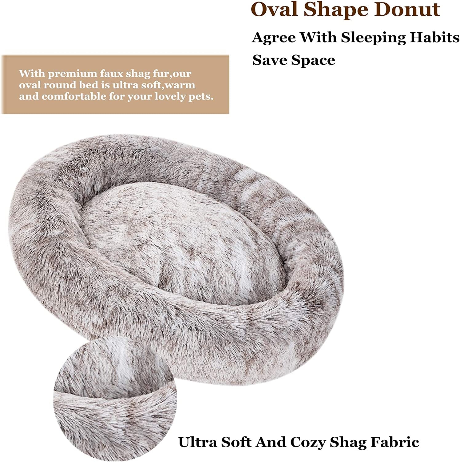 Coohom Oval Donut Cuddler Dog Bed 36", Shag Faux Fur, Washable - for Small & Medium Breeds