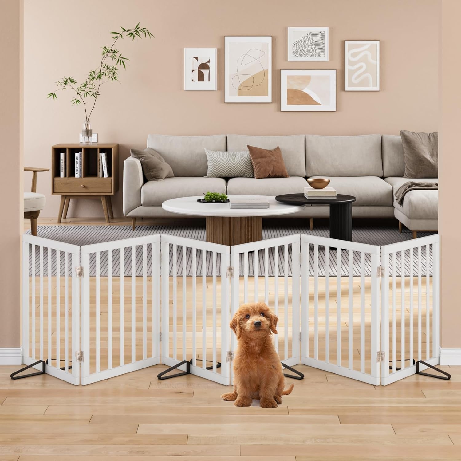 Wooden Foldable Dog Gate, Freestanding Multi-Panel Indoor Pet Gate, Extra Wide 24" Tall Dog Barrier