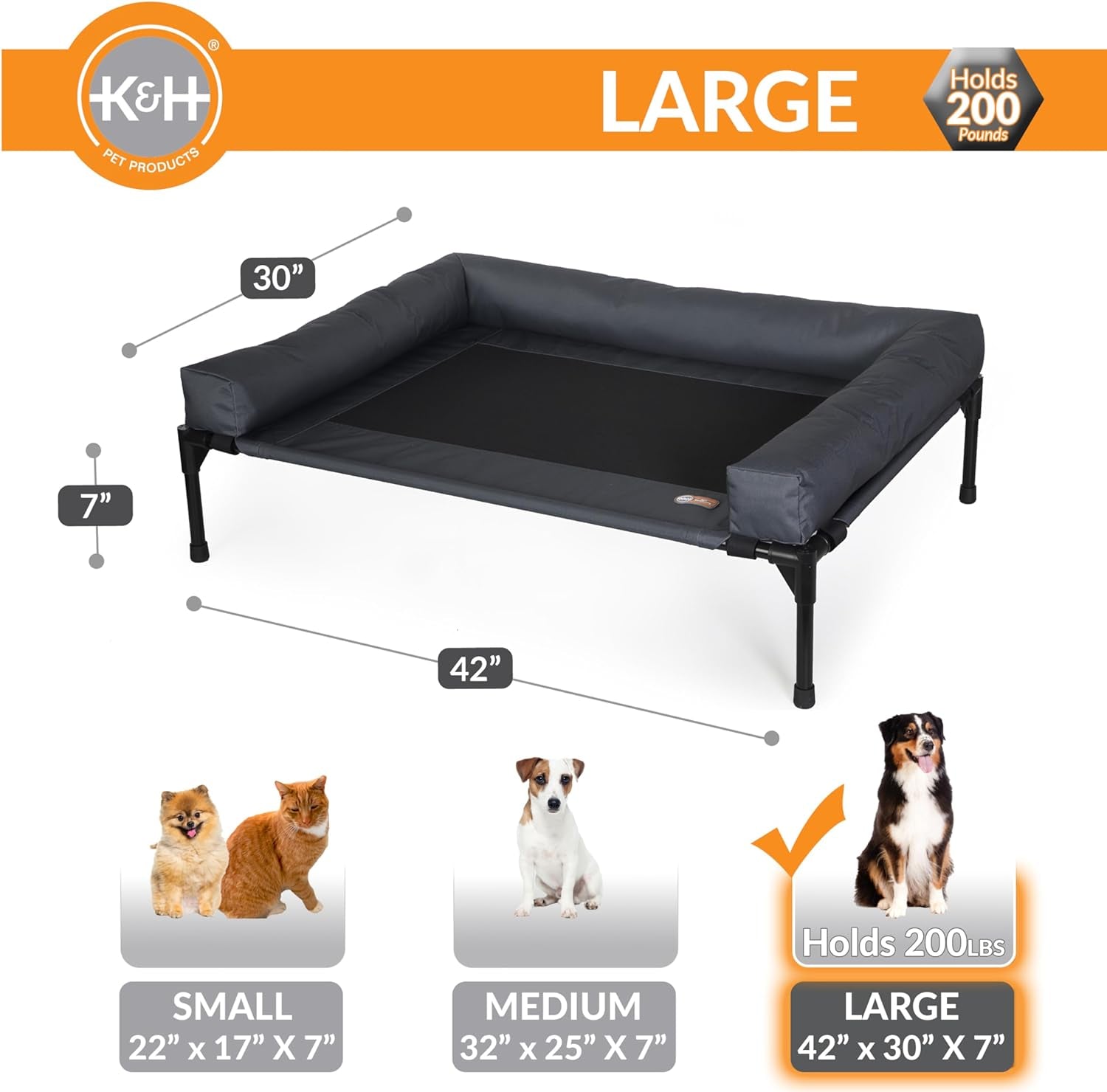 K&H Pet Products Bolster Dog Cot - Cooling, Elevated Bed with Removable Bolsters, Large 30" x 42" - Charcoal