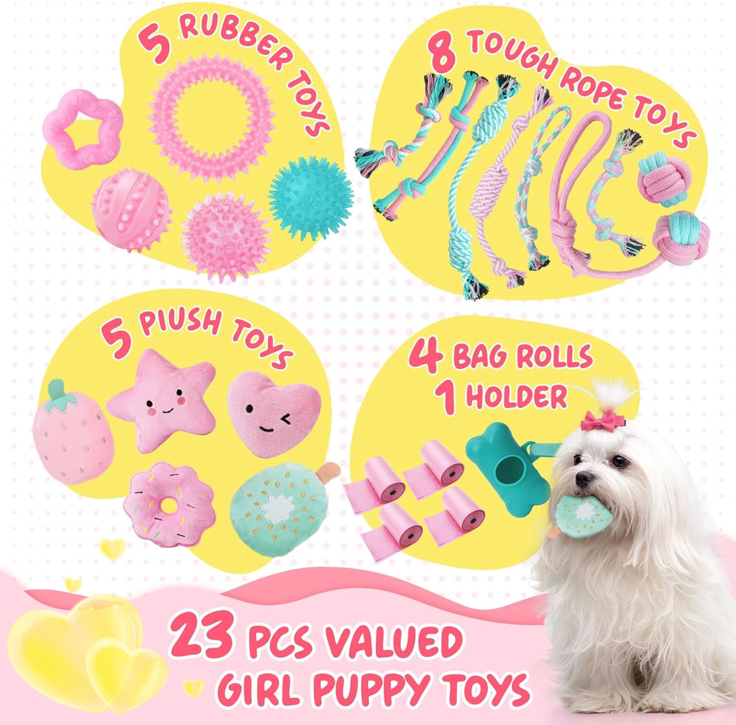 Pink Puppy Toys for Boredom - 23 Pack Puppy Chew Toys for Teething, Interactive Dog Toys for Puppies, Cute Small Dog Toys with Treat Ball, Squeaky Dog Chew Toys and Ropes