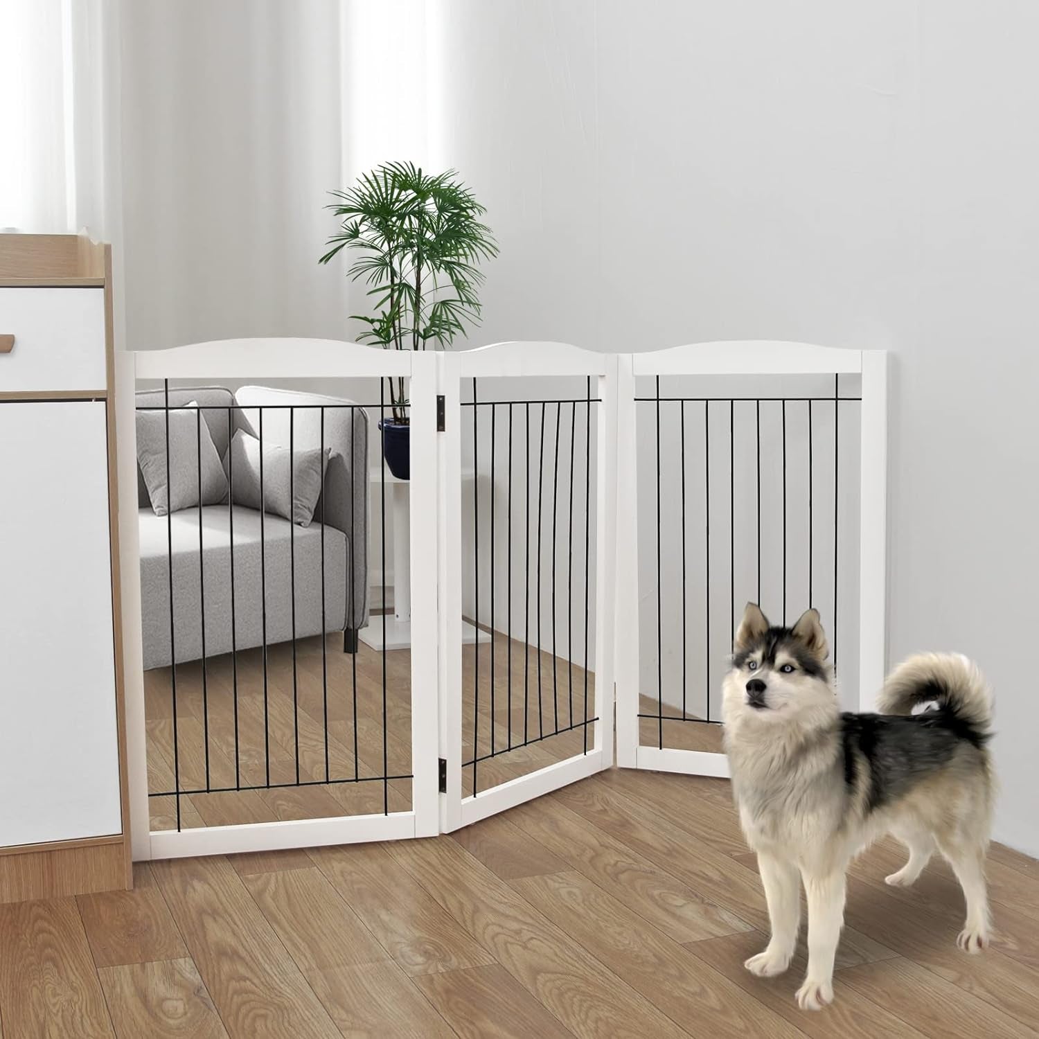 Freestanding Foldable Dog Gate - Extra Wide 3 Panel Wooden Pet Gate for Indoor Use, Tall Puppy Barrier for Doorways & Stairs