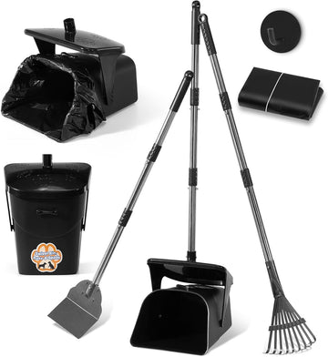 Dog Pooper Scooper with 40" Long Handle, Swivel Bin, Rake & Spade, Heavy-Duty Metal Scoop, 20 Waste Bags & Hook