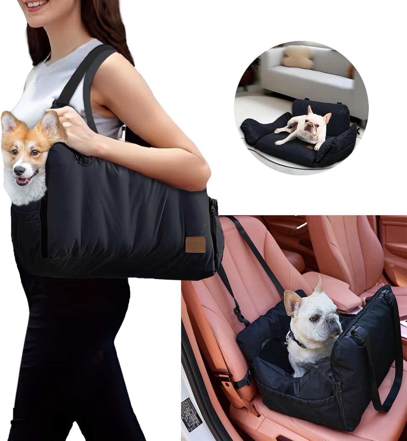 Detachable Dog Car Seat for Puppies, Equipped with Storage Bag & Safety Belt, Airbag Protection, Washable Travel Seat