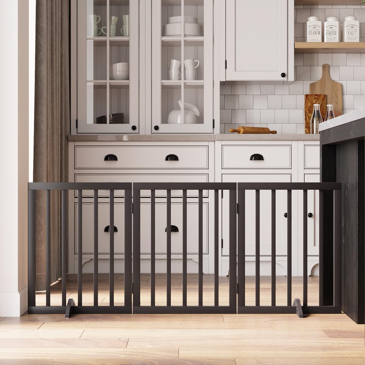 Wooden Foldable Dog Gate, Freestanding Multi-Panel Indoor Pet Gate, Extra Wide 24" Tall Dog Barrier