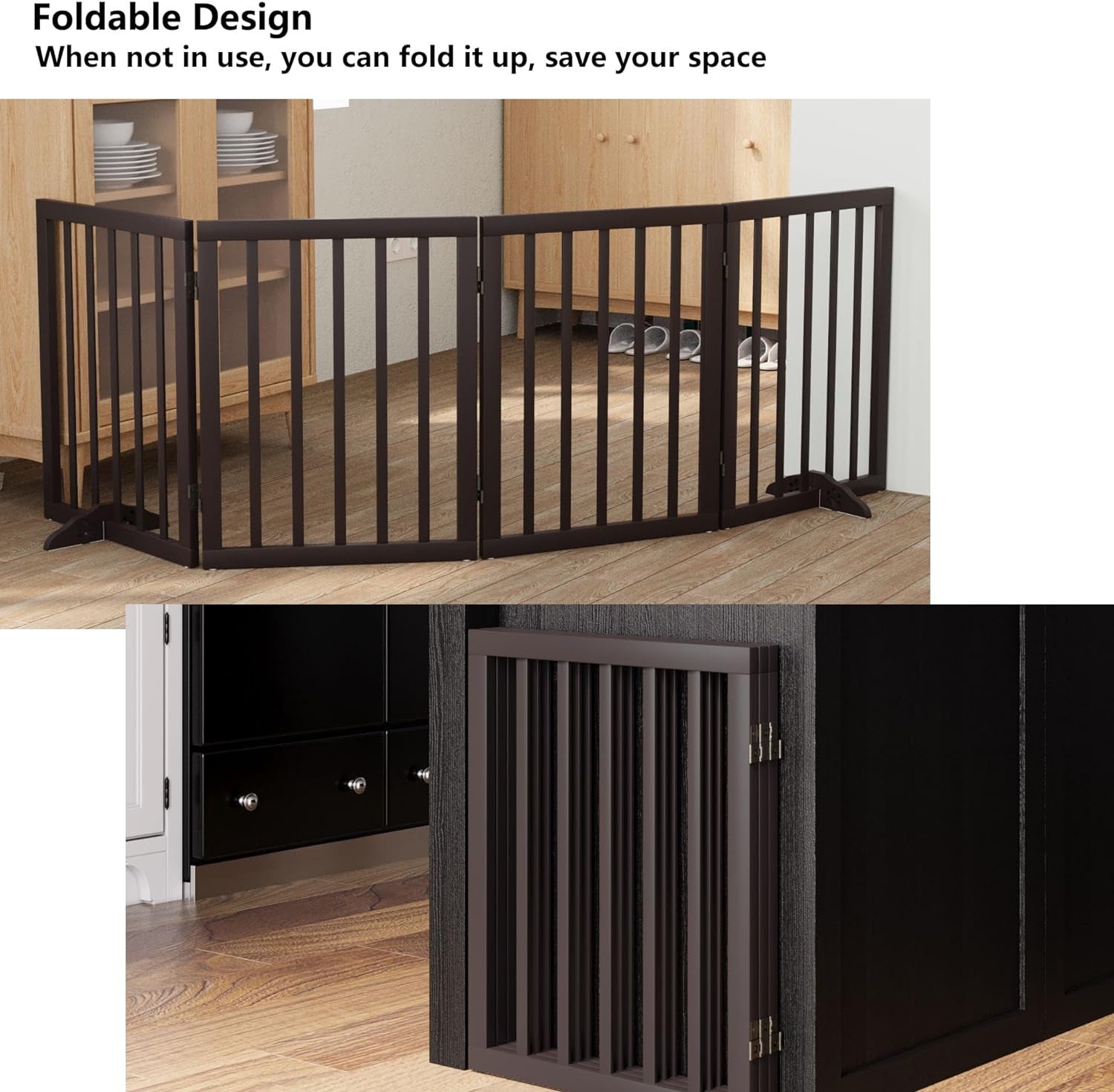 Wooden Foldable Dog Gate, Freestanding Multi-Panel Indoor Pet Gate, Extra Wide 24" Tall Dog Barrier