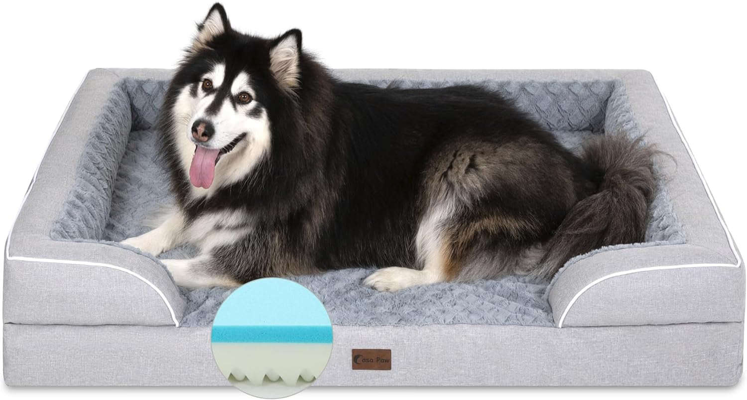 Memory Foam XL Dog Bed with Bolsters, Cooling, Waterproof, Orthopedic - Light & Dark Grey