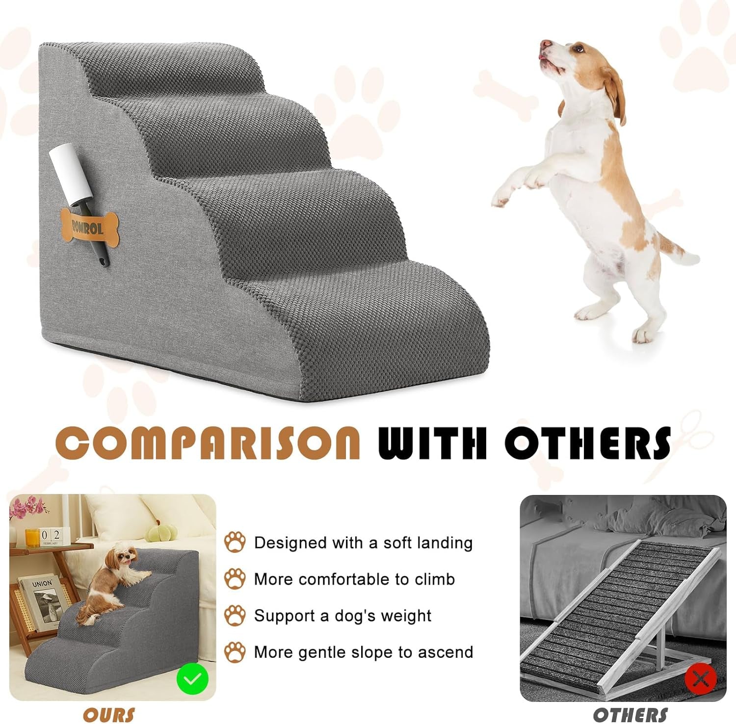 Romrol 4-Tier Dog Stairs: Non-Slip, Waterproof Fabric Cover, Ramp for Pets with Joint Issues, Grey