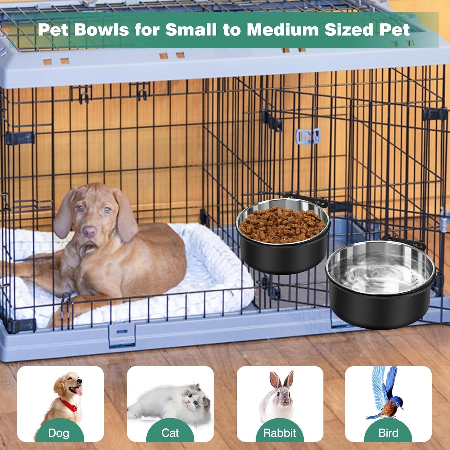 No-Spill Stainless Steel Dog Crate Bowls 2-Pack – Mountable Hanging Kennel Feeder Dishes for Water & Food