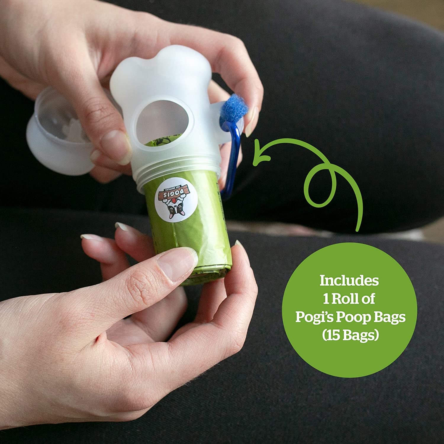 Pogi’s Poop Bag Dispenser with Metal Carabiner Clip, Includes 15 Leak-Proof Dog Poop Bags