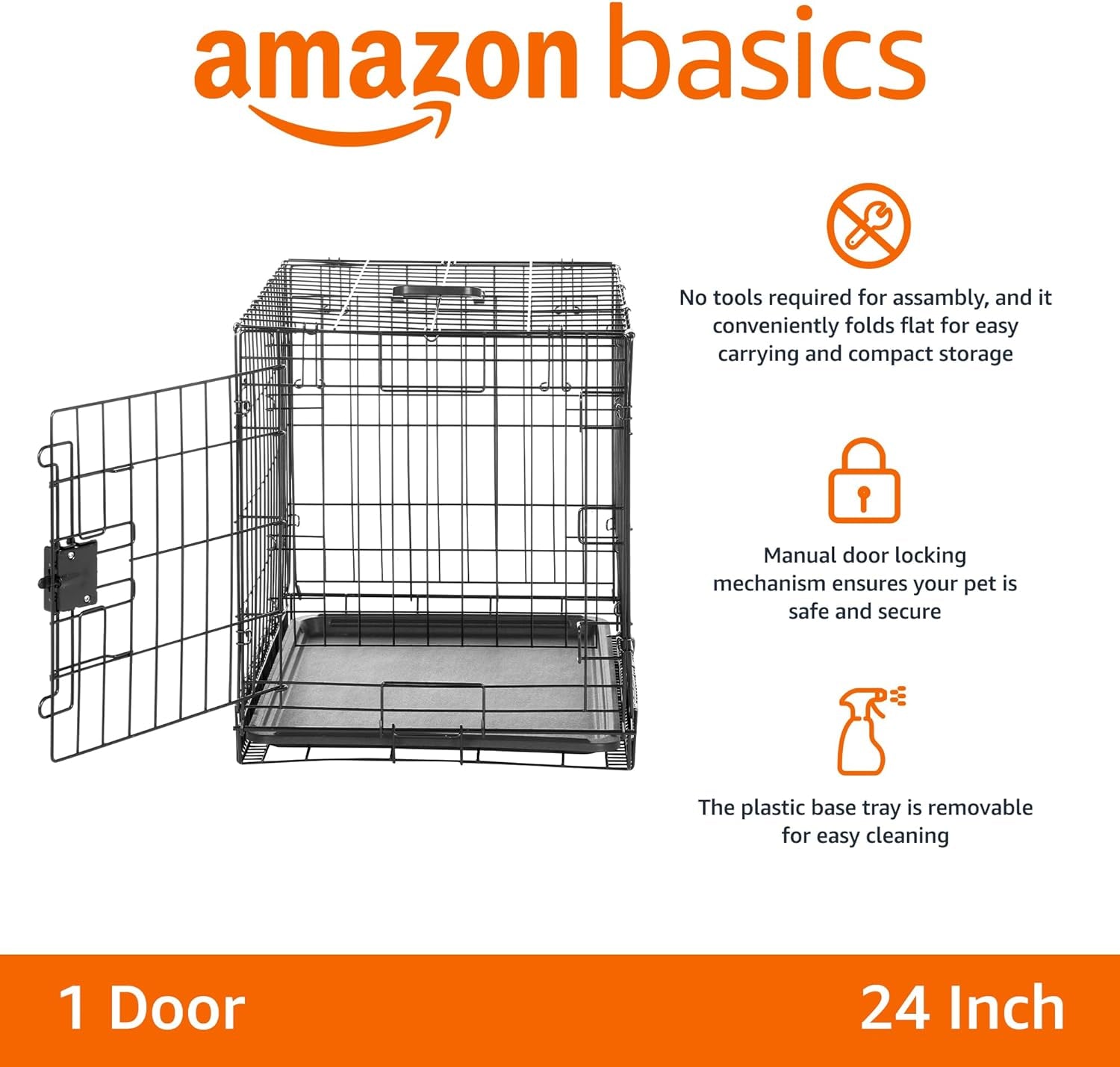 24-Inch Foldable Metal Dog Crate with Tray - Durable Single Door Wire Kennel from Amazon Basics, Black