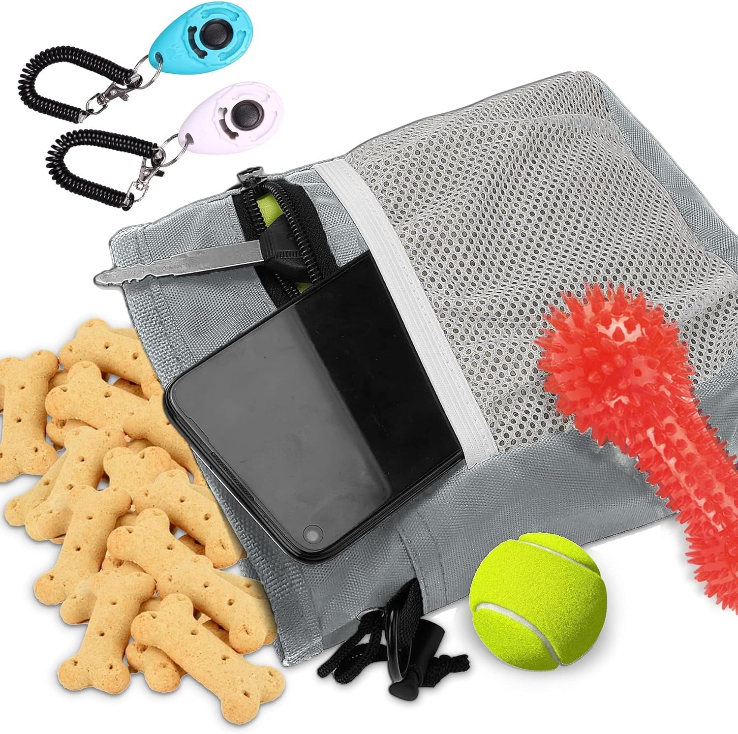 Left&Right Dog Training Kit - Treat Pouch with Clicker, Shoulder Strap, Poop Bag Dispenser, Grey