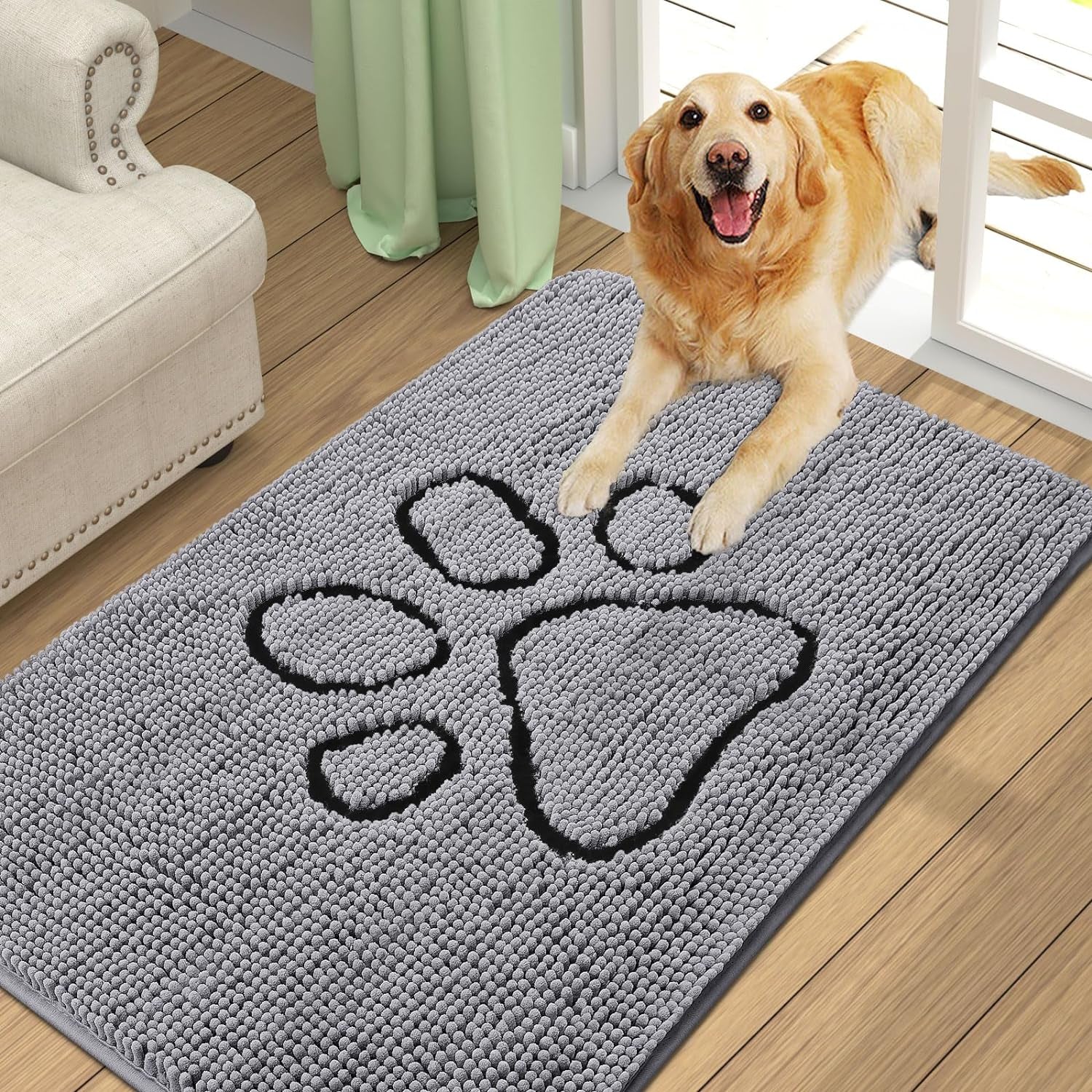 Absorbent Dog Door Mat for Muddy Paws, Non-Slip & Quick Dry Chenille, Washable, Traps Dirt & Moisture